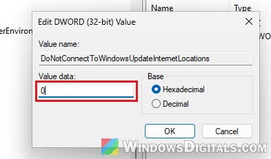 DoNotConnectToWindowsUpdateInternetLocations registry value Windows 11
