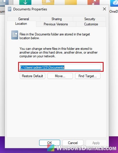 Documents folder Properties Location tab Windows 11