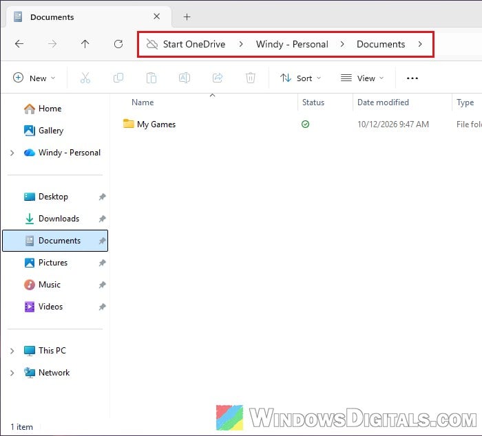 Documents folder still inside OneDrive File Explorer address bar