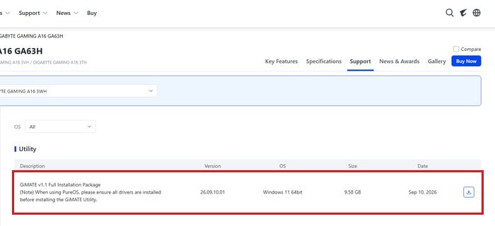 Download GiMATE from Gigabyte laptop support page