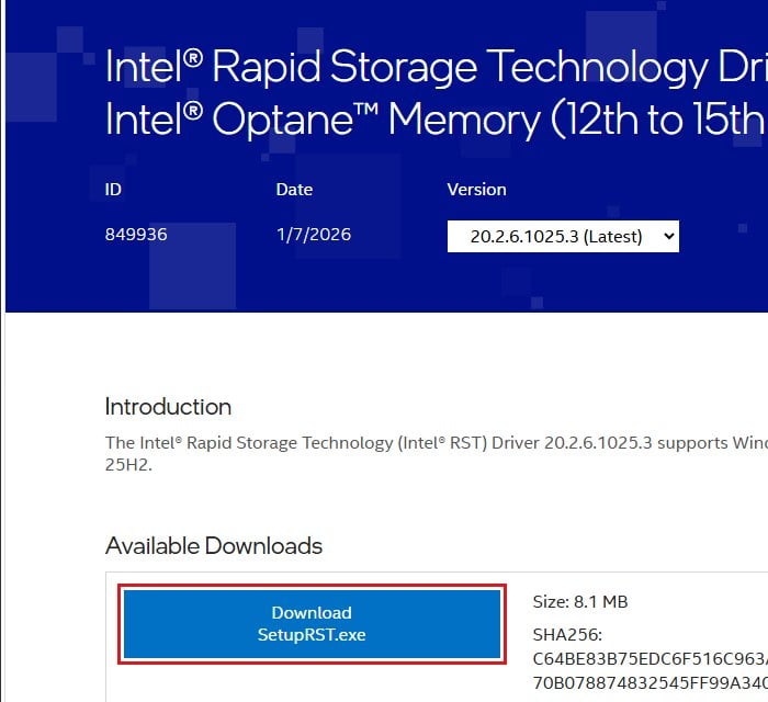 Download Intel RST driver SetupRST.exe for Windows 11