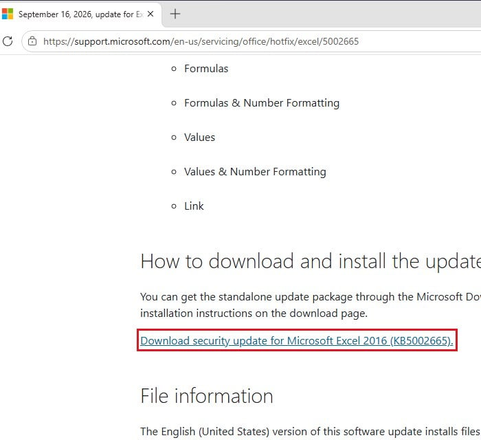 Download KB5002665 Excel 2016 fix