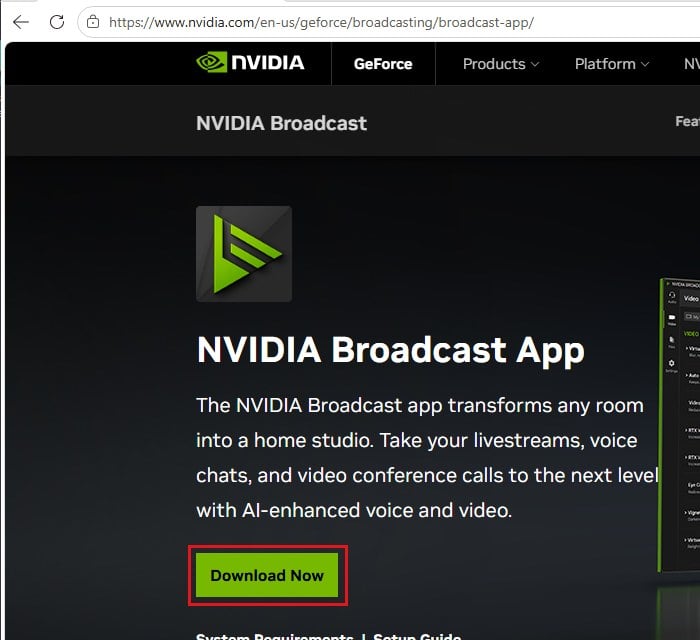 Download NVIDIA Broadcast from NVIDIA website