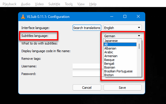 Download different language subtitles in VLC