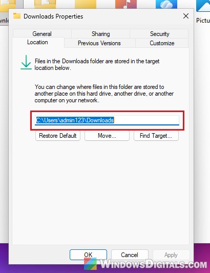 Downloads folder Location tab after fix Windows 11
