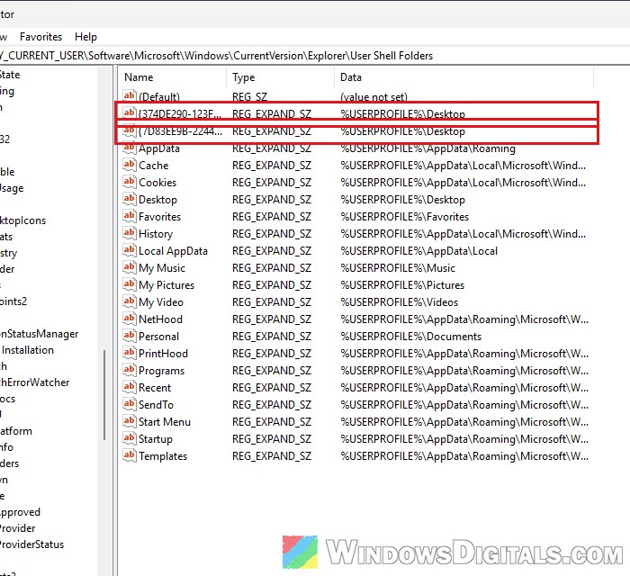 Downloads folder registry values pointing to Desktop Windows 11