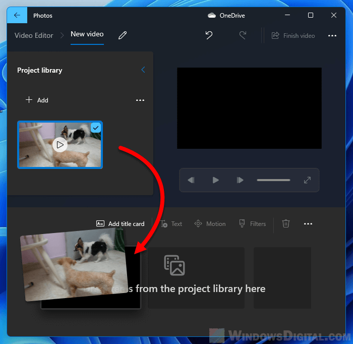 Drag video to project library Windows 11