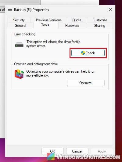 Drive Properties Tools tab Error checking Check Windows 11
