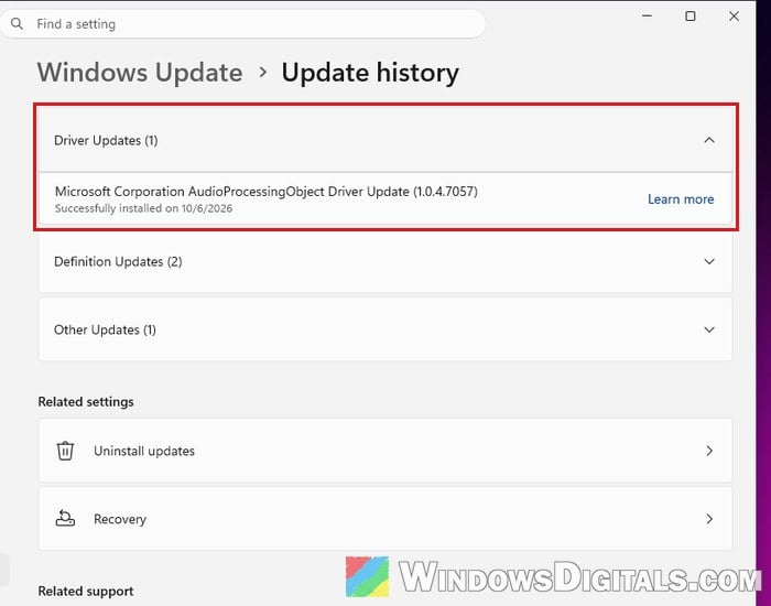 Driver updates in Windows Update history Windows 11