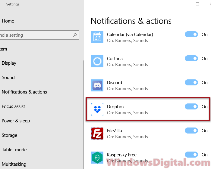 Dropbox notification actions settings Windows 10/11