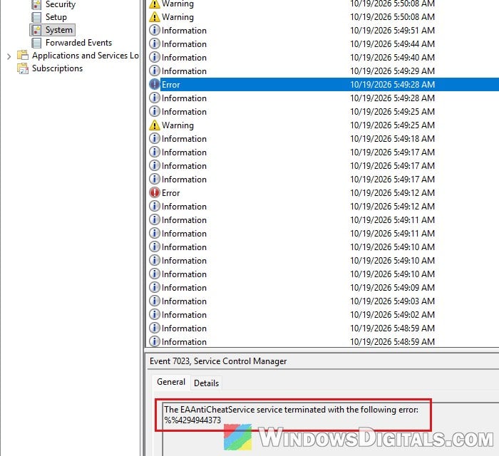 EAAntiCheatService terminated Event ID 7023 Event Viewer Windows 11