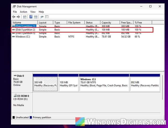 EFI System Partition in Disk Management Windows 11