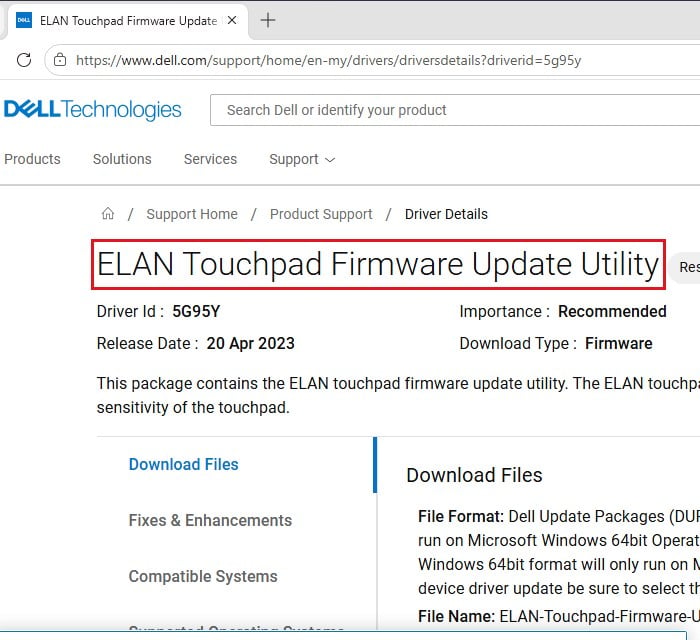 ELAN Touchpad Firmware Update Utility Dell download page