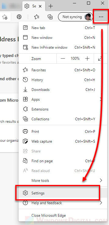 Edge Open settings to change default search engine