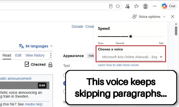 Edge Read Aloud Skipping Paragraphs or Not Working With Natural Voices
