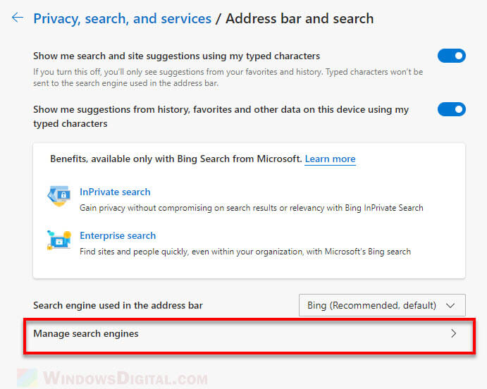 Edge manage default search engine