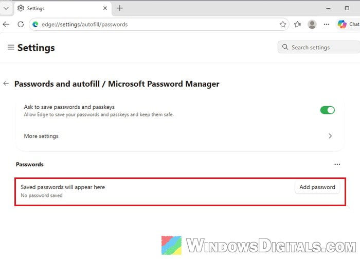 Edge password manager empty after deleting all passwords