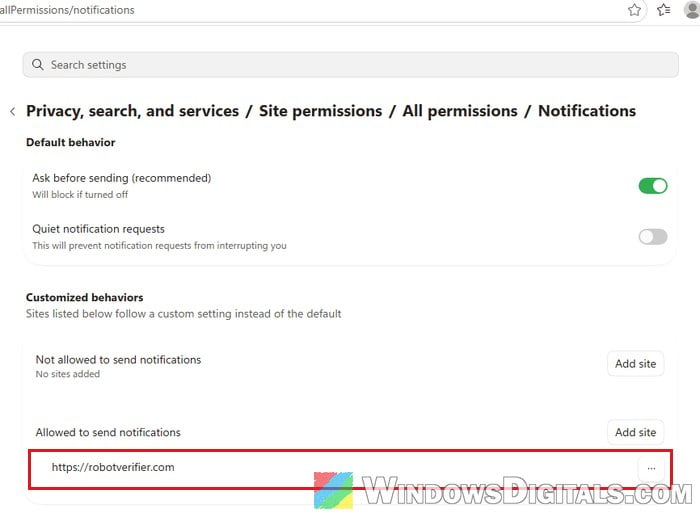 Edge site notifications settings Windows 11
