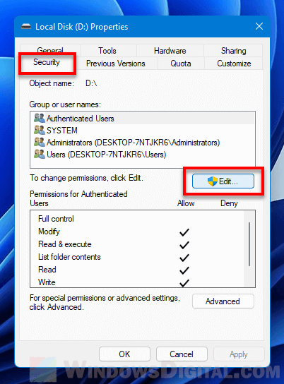 Edit User Permissions for Drive in Windows 11