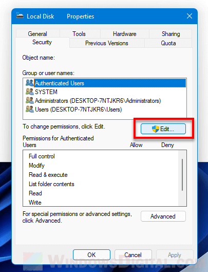 Edit izin folder atau drive Windows 11