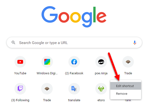 Edit shortcut Chrome new tab page