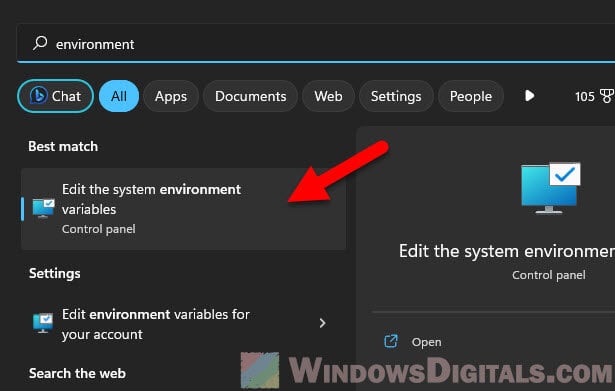 Edit the system environment variables Windows 11