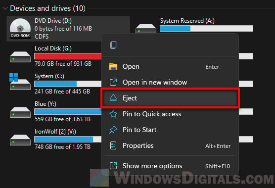 Eject Virtual CD or DVD in Windows 11