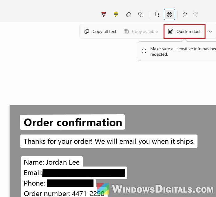 Email and phone numbers redacted in Snipping Tool Windows 11