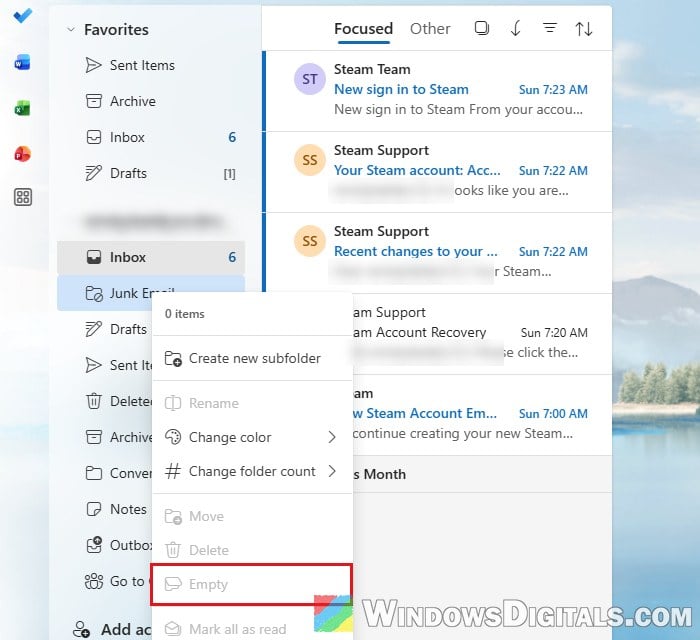 Empty Junk Email folder in Outlook