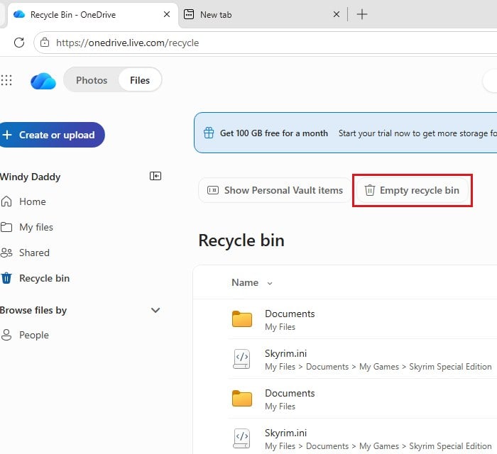 Empty recycle bin OneDrive to free up storage