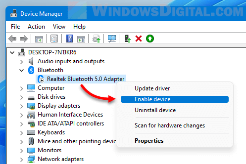 Enable Bluetooth adapter Windows 11