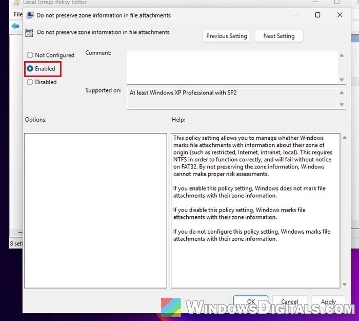 Enable Do not preserve zone information policy Windows 11