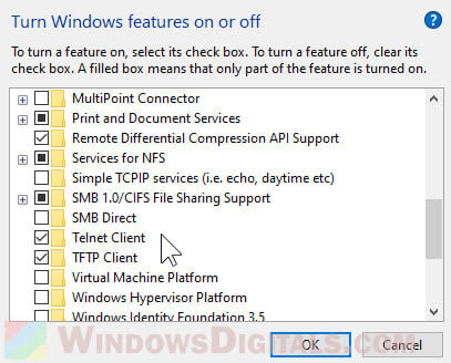 Enable Telnet Windows features