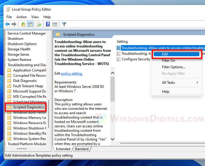 Enable Troubleshooting policies via Group Policy