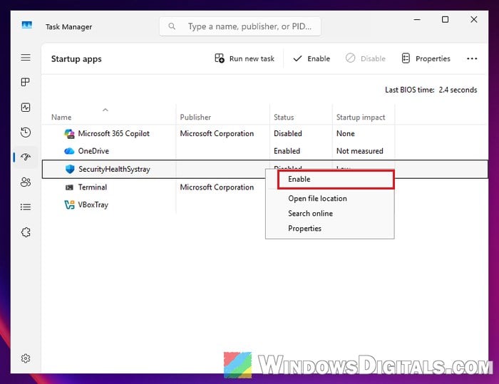 Enable Windows Security notification icon in Task Manager Startup apps