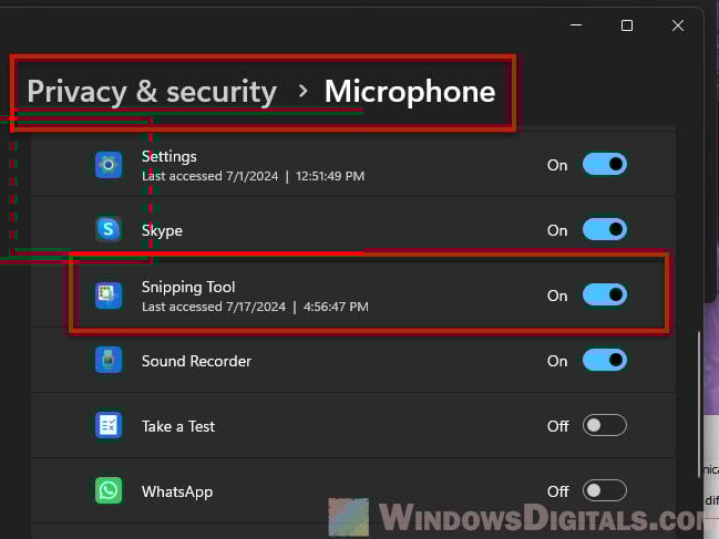 Enable audio permission for Snipping Tool in Windows 11