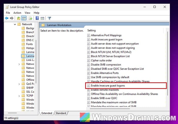 Enable insecure guest logons Group Policy Windows 11