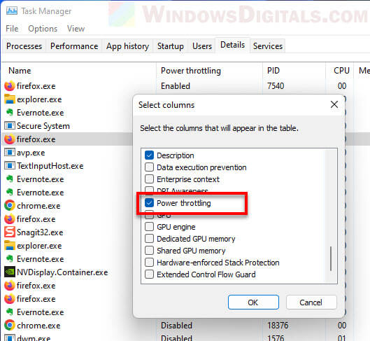 Enable power throttling column in task manager