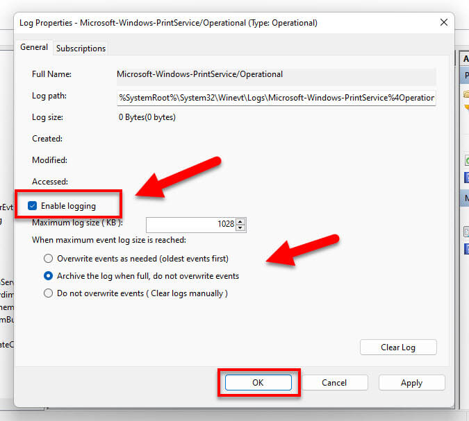 Enable printing logs Windows 11
