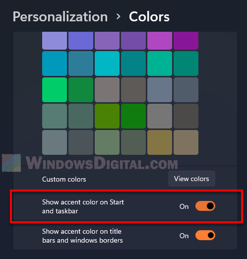 Enable show accent color on taskbar Windows 11