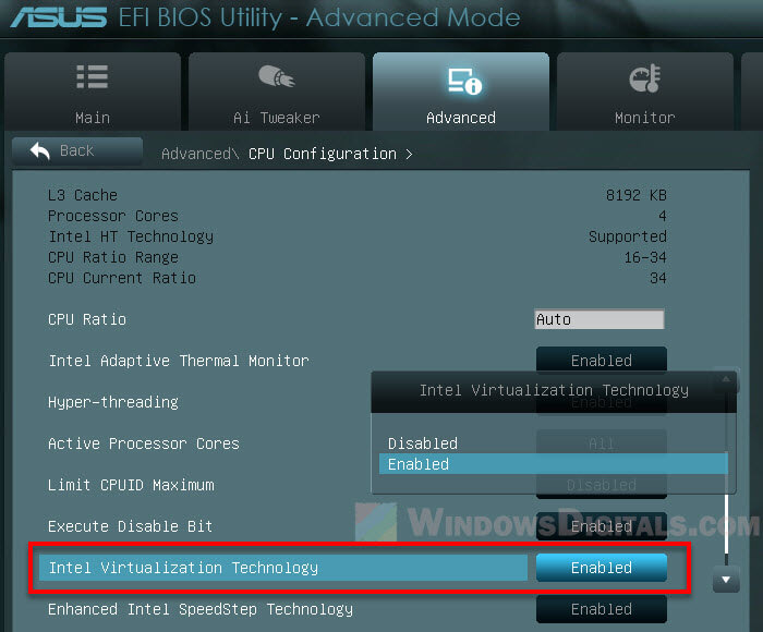 Enabled Intel Virtualization Technology UEFI