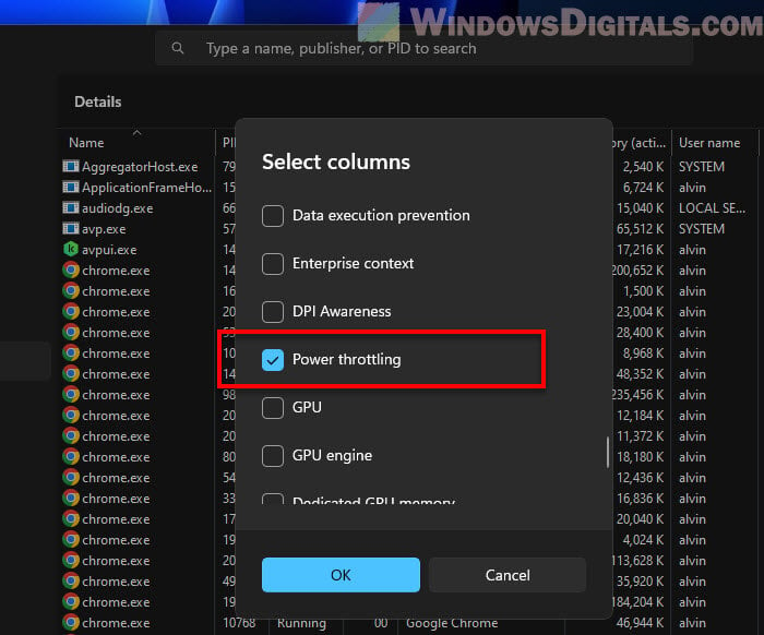 Enabled Power Throttling Column in Windows 11 Task Manager