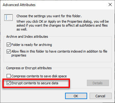 Encrypt contents to secure data Windows 10