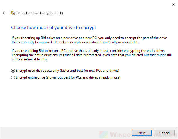 Encrypt used disk space only or entire drive BitLocker Windows 10