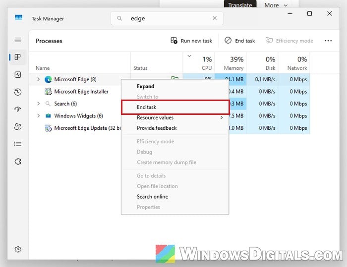 End Microsoft Edge task in Task Manager Windows 11