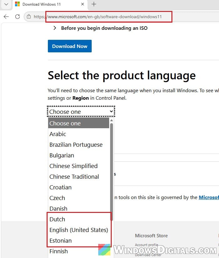 English International missing Windows 11 download page language list