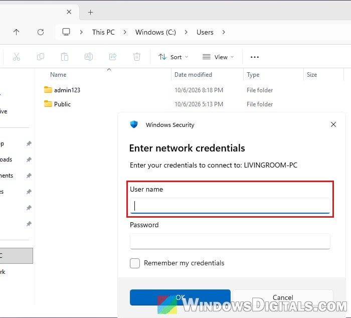 Enter network credentials prompt Windows 11