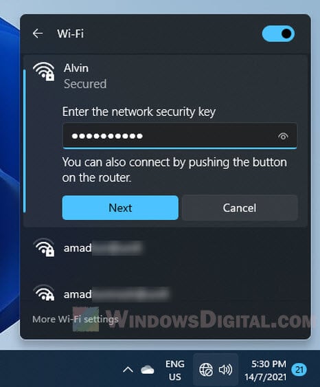 Enter the network security key WiFi password Windows 11