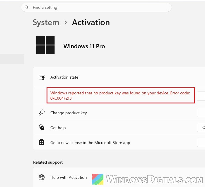 Error code 0xC004F213 no product key found Windows 11 Activation