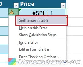 Excel SPILL error Spill range in table